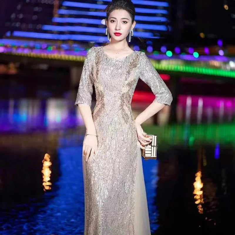 Evening Gown High-end Banquet Niche Light Luxury Host Steel Companion Conductor Choir Performance Costume Women's Long Dress WLF Beauty hair & fashionfj