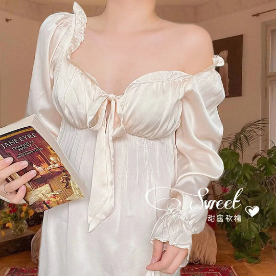 Women's Elegant Nightgown French Style Ladies Summer Long Sleeve Night Dress Bow Sexy Homewear Nightdress For Female S-2XL Beauty hair & fashionfj