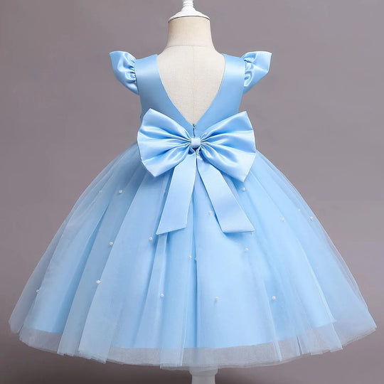 Toddler Baby Girl Birthday Party Dresses Backless Bow Beading Blue Princess Dress Newborn Infant Baptism Ceremony Costume 1-5Yrs Beauty hair & fashionfj