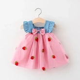 (0-3 Years) Summer New Girls Dress Small Flying Sleeve Bow A-child Dress Embroidered Strawberry Cool Princess Dress Beauty hair & fashionfj