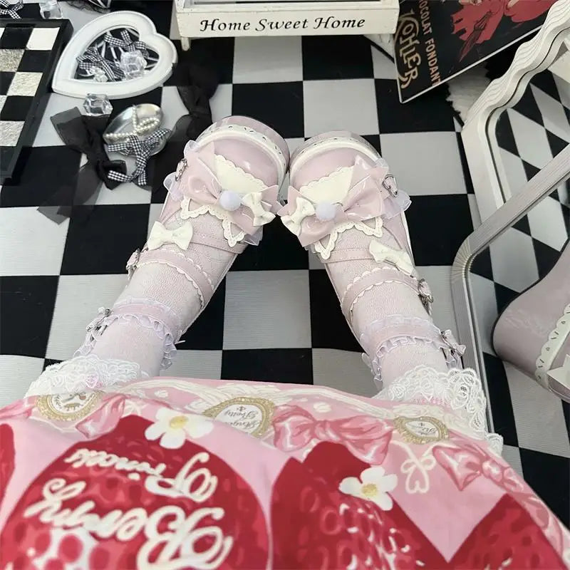 Sweet Girls Lolita Cute Bowknots Platform Shoes Kawaii Love Buckle Alice Flat Elevator Shoes Mary Janes Beauty hair & fashionfj