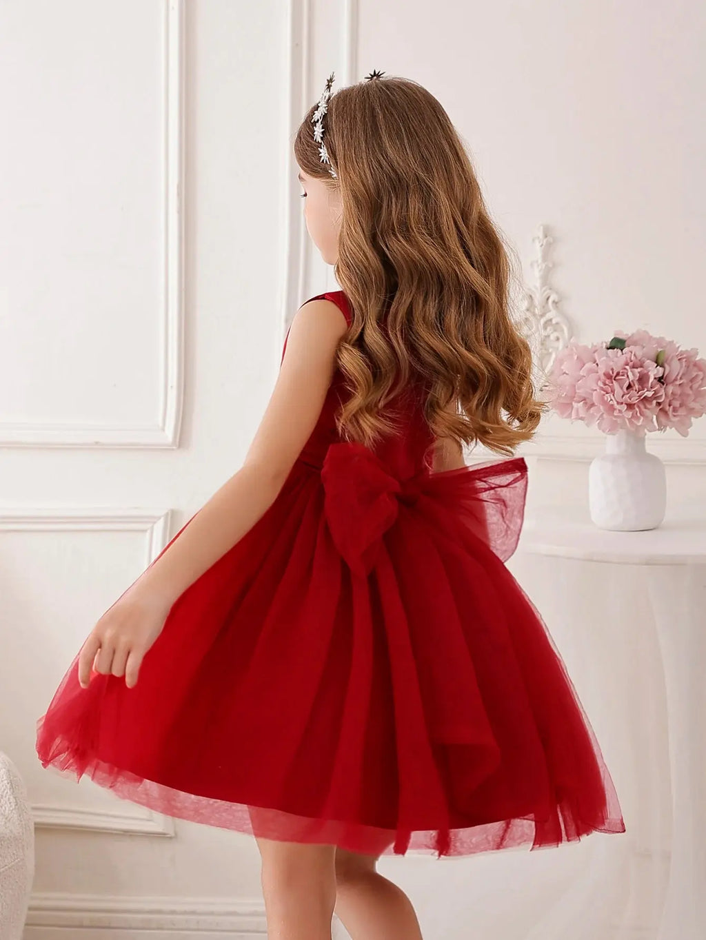 Girls' Christmas Burgundy Dress Suitable for Birthday Parties Weddings and Featuring flower child Gauze Style Beauty hair & fashionfj