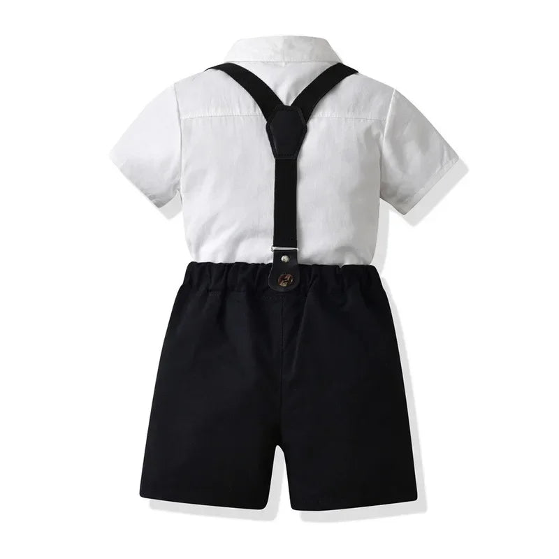 Boys' Formal Outfit Set with Short Sleeve Shirt Bow Tie Suspenders and Shorts Elegant Suit for Wedding and Halloween Party