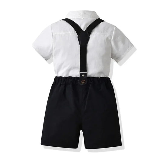 Boys' Formal Outfit Set with Short Sleeve Shirt Bow Tie Suspenders and Shorts Elegant Suit for Wedding and Halloween Party