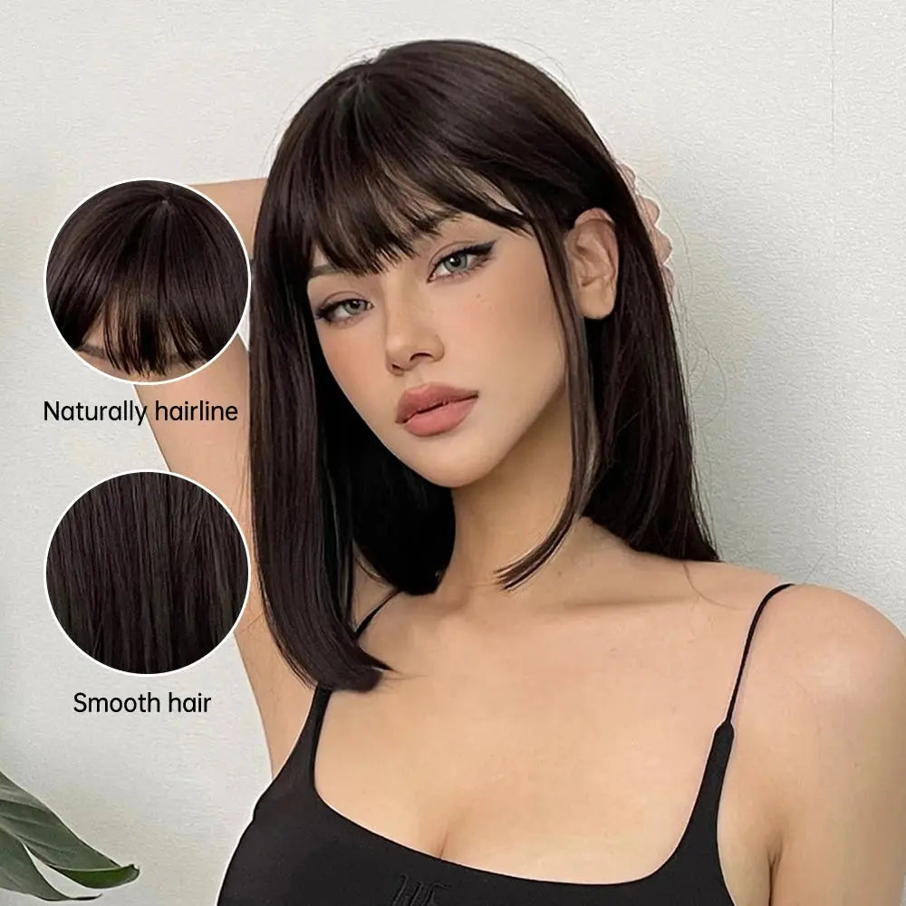 Short Black Brown Synthetic Natural Hair Wigs for Women Bob Straight Wig with Bangs High Temperature Daily Cosplay Party Wigs Beauty hair & fashionfj