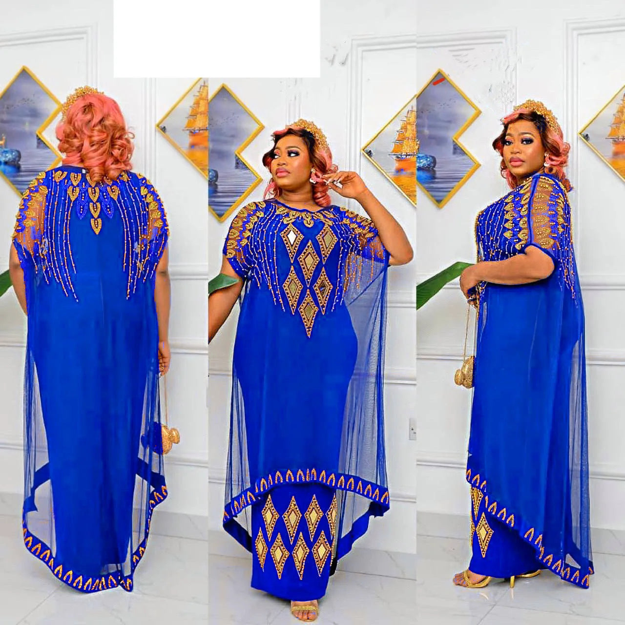 Fake Two-Piece African Dresses for Women 2023 Traditional Nigeria Mesh Hot Drill Caftan Dress Abaya Musulman Robe Femme Clothes Beauty hair & fashionfj