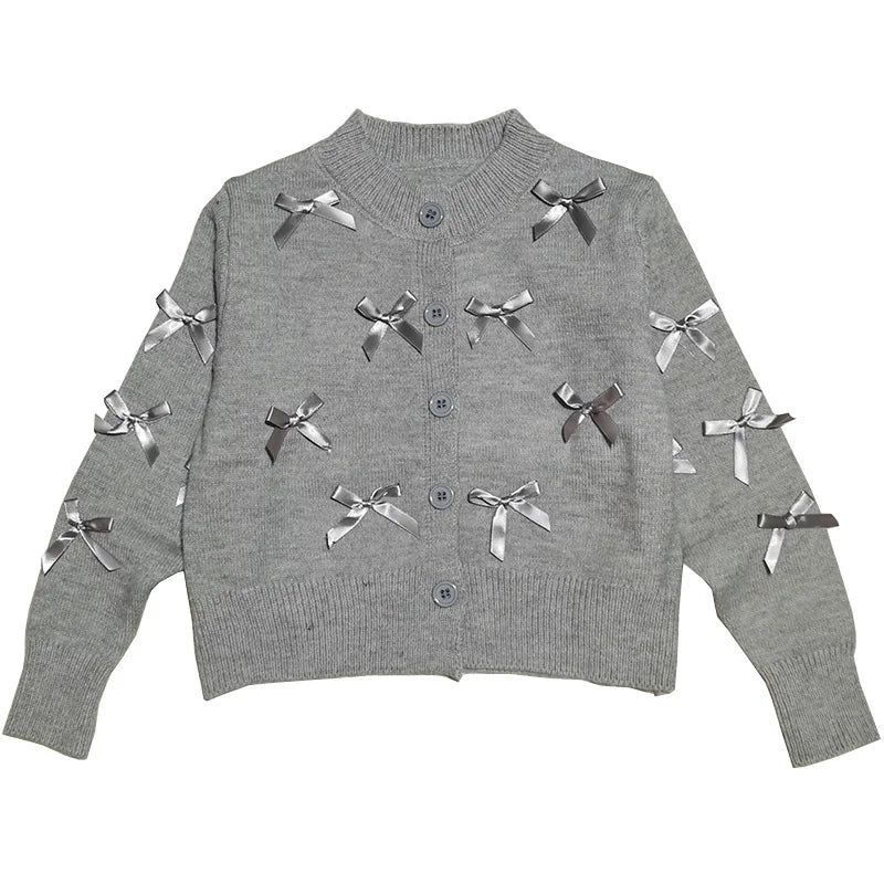 Elegant School Girl Cotton Sweaters Gray Color Cardigan with Bows for Girls Kids Knitwear Fashion Autumn Teen Baby Knit Clothes Beauty hair & fashionfj