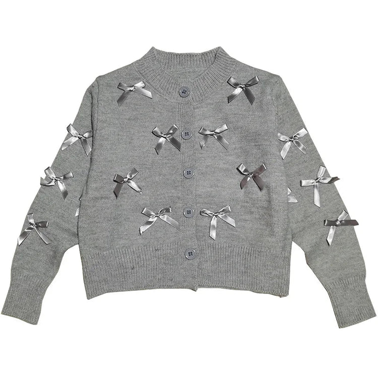 Elegant School Girl Cotton Sweaters Gray Color Cardigan with Bows for Girls Kids Knitwear Fashion Autumn Teen Baby Knit Clothes Beauty hair & fashionfj
