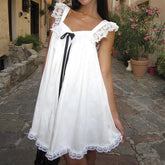 Cute Ribbon Bow Square Collar Sleeveless Short Dress Lace Trimmed Babydoll Mini Dress Fairycore Y2k Cute Women A-line Dress Beauty hair & fashionfj