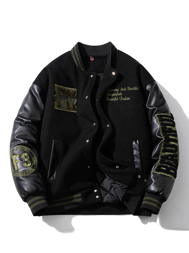 Winter Varsity Jacket Man Leather Sleeves Letter Embroidery Jacket Racing Motorcycle Woolen Coat Button Thick Warm Cool Original