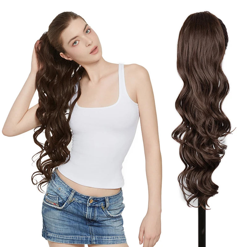 Julianna Synthetic Kanekalon Black Drawstring Water Wave Ponytail Extension Female Curly Wavy Clip In Ponytail Hair Extension