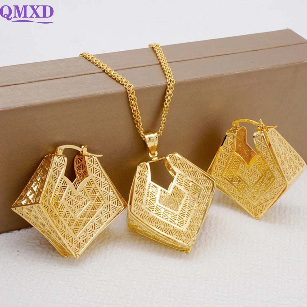 Fashion Dubai Jewelry Sets Gold Color Pendant Copper Classic Earrings Necklace For Women Daily Wear Party Anniversary Gifts