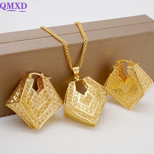 Fashion Dubai Jewelry Sets Gold Color Pendant Copper Classic Earrings Necklace For Women Daily Wear Party Anniversary Gifts