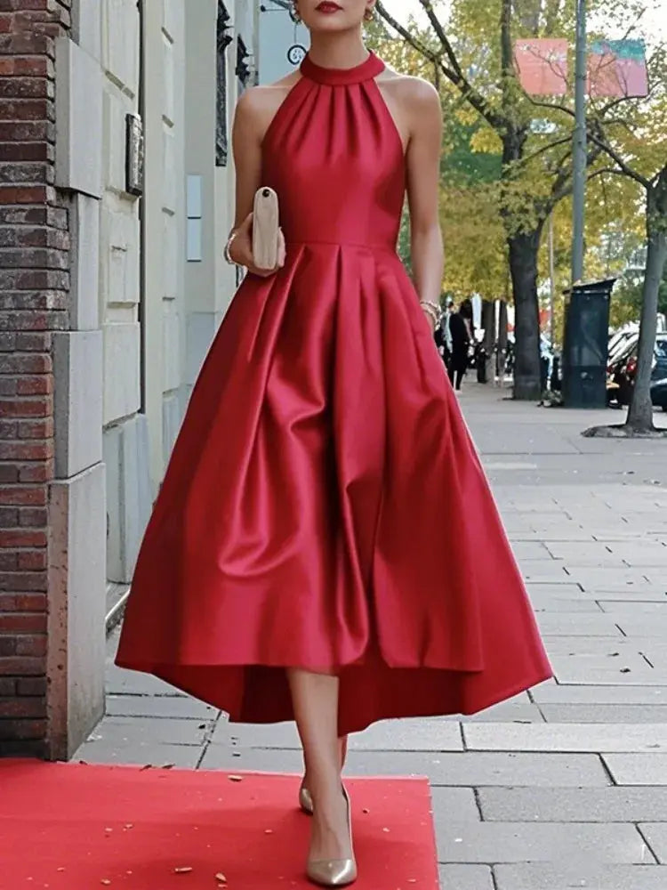 Onecozyday 2025 Fashion Women's Dress Solid Color Halter-Neck A-line Sleeveless Evening Dresses High Waist Pleated Party Dress Beauty hair & fashionfj