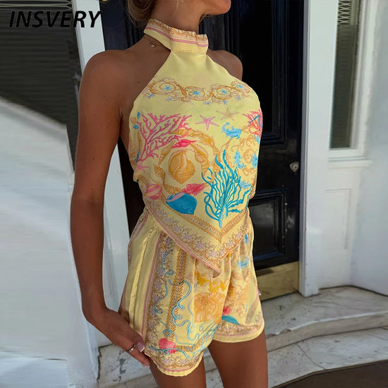 Summer Vintage Printed Women Suits 2 Piece Sets Women Sexy Halter Vest Shorts Outfits Female Holiday Clothes Casual Two Piece