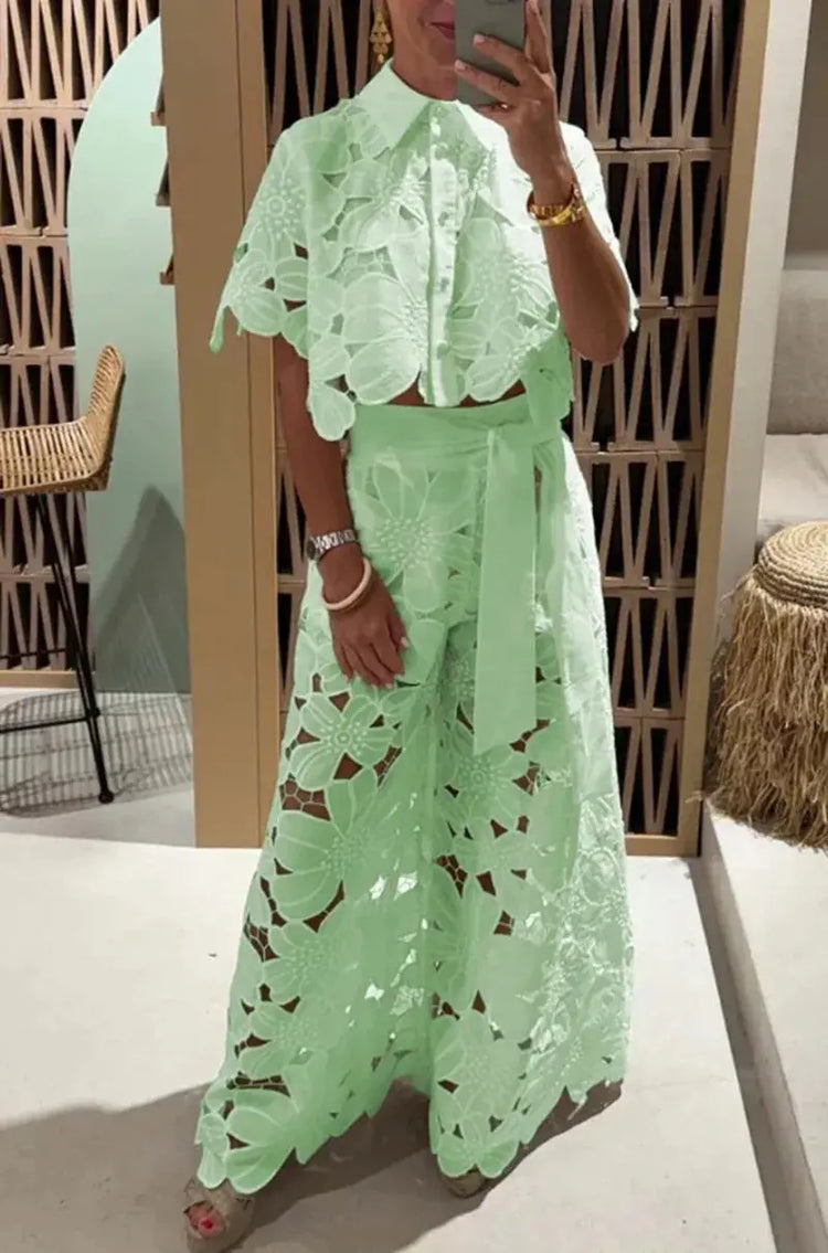 Elegant Lapel Half-sleeved Crop Top + Wide-leg Pants Sexy Hollow 2-piece Set Women Fashion Spring Solid Color Loose Suit Female Beauty hair & fashionfj