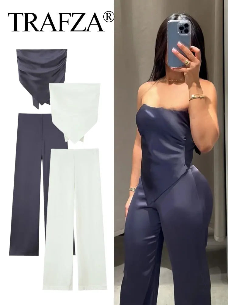 TRAFZA Elegant Solid Silk Texture Suit For Women Backless Lace Up Tube Top+High Waist Wide Leg Pants Women's Summer Fashion Set Beauty hair & fashionfj