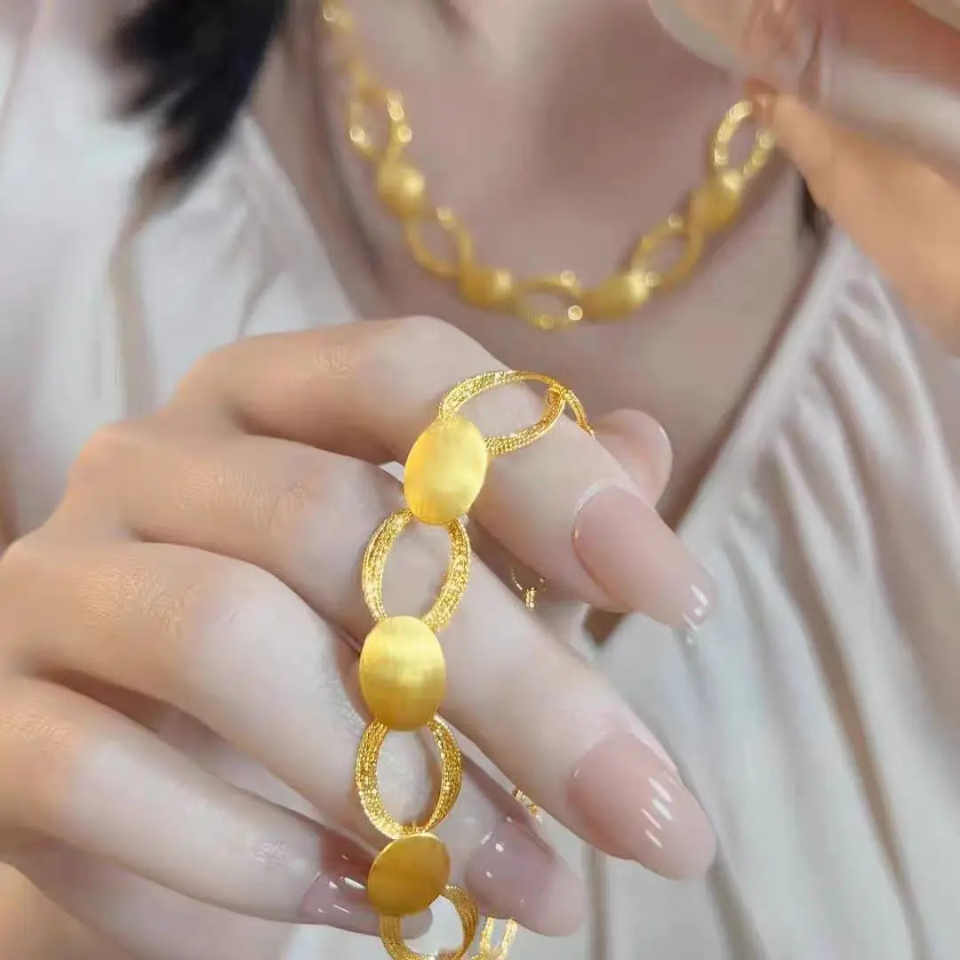 9999 24K real gold light and shadow halo women's light luxury brushed craftsmanship oval ring interlocking necklace earrings Beauty hair & fashionfj