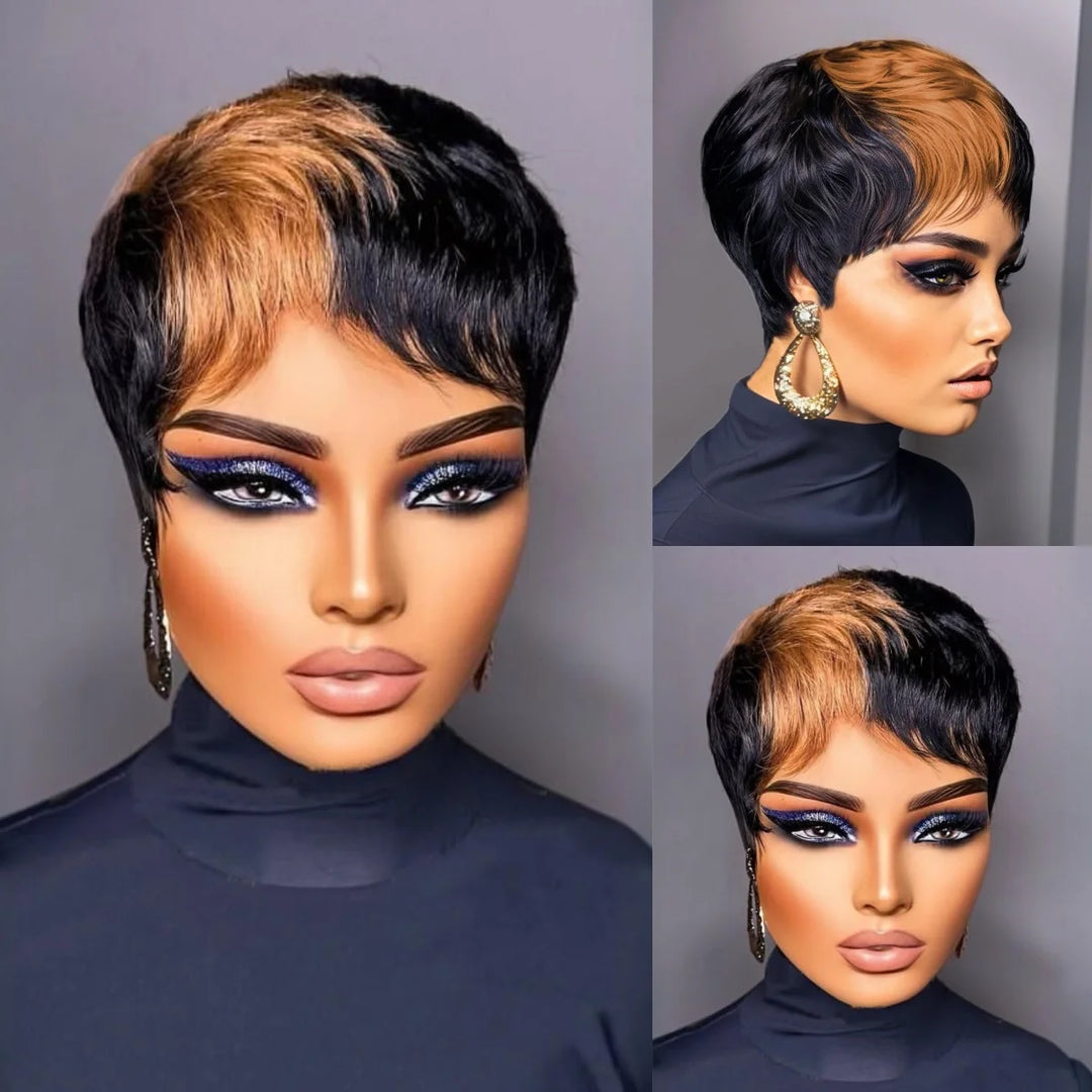 WIGERA Highlight Synthetic Short Straight Pixie Cut Hair Bob Wig Ombre Honey Blonde Mix Black Bronw Layered Hair Wigs For Woman