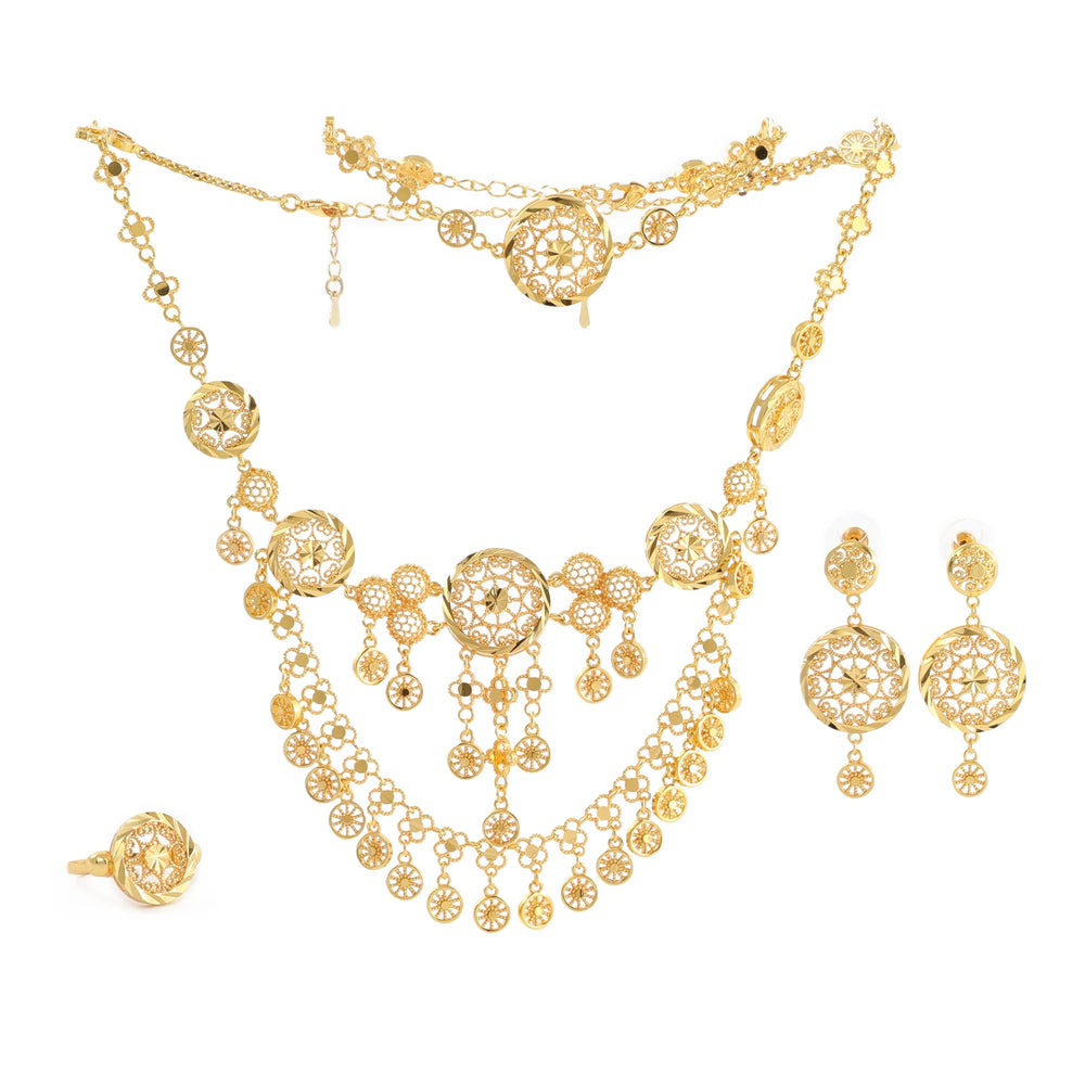 Dubai Gold Plated Necklace Earrings Ring Bracelet Arabian Traditional Vintage Jewelry Women's Set Bridal Wedding Jewelry Beauty hair & fashionfj