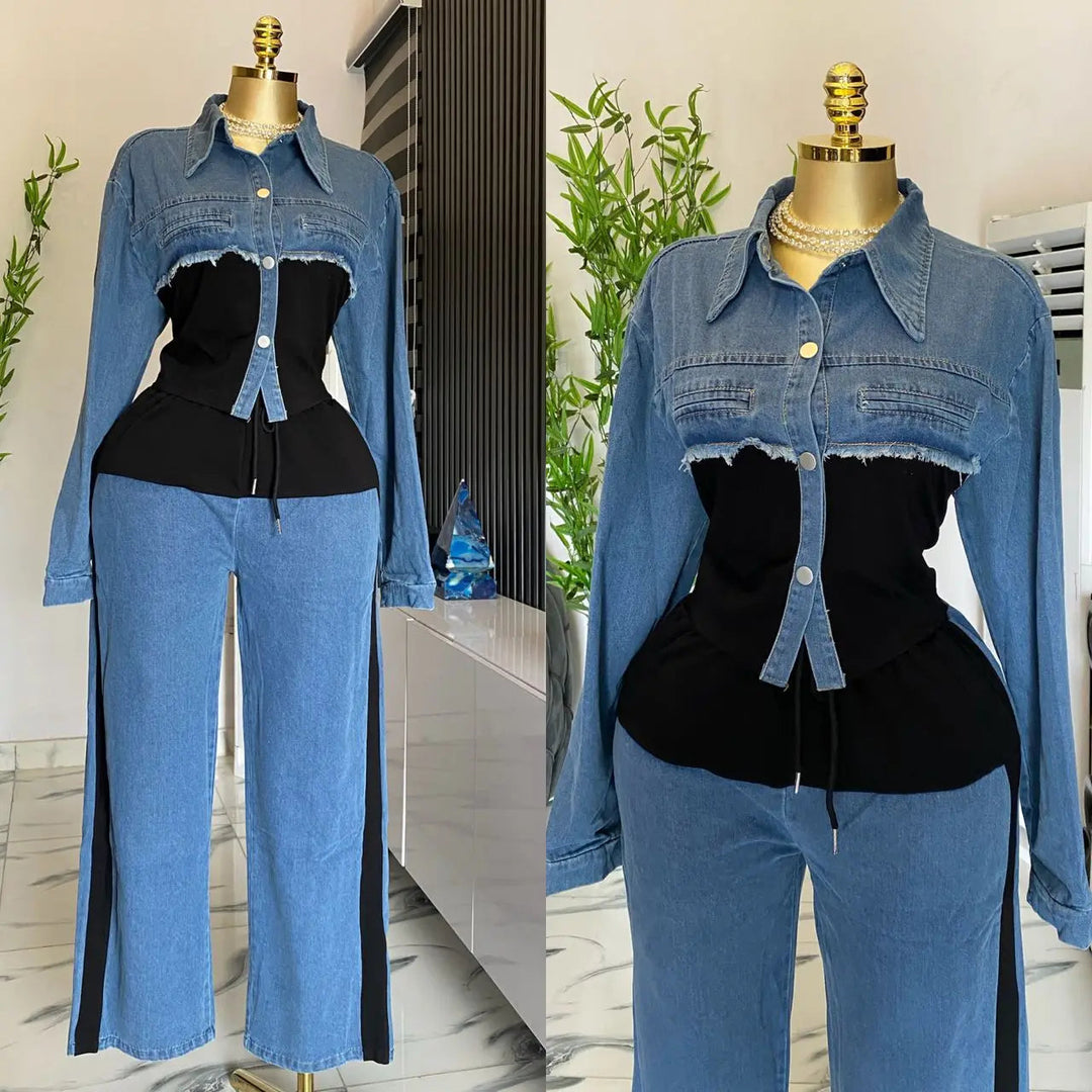 Two Piece Sets Women Pant Set Denim Splice Matching Sets Spring Top Wide Leg Long Pants Casual Loose Lace Up High Waist Jogger Beauty hair & fashionfj