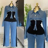 Two Piece Sets Women Pant Set Denim Splice Matching Sets Spring Top Wide Leg Long Pants Casual Loose Lace Up High Waist Jogger Beauty hair & fashionfj