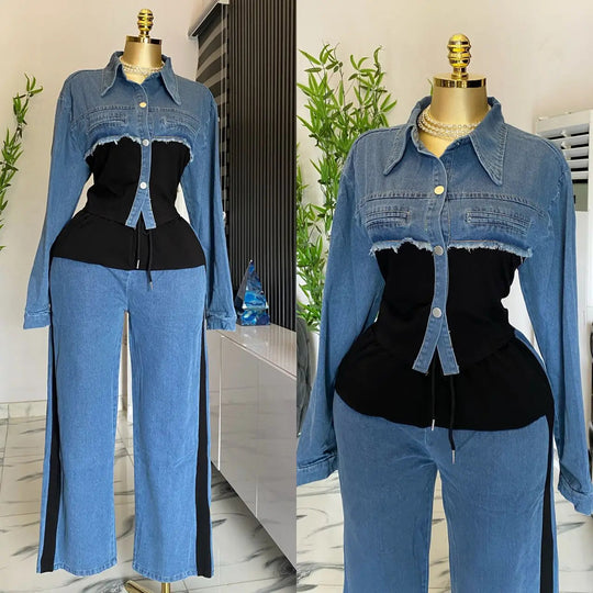 Two Piece Sets Women Pant Set Denim Splice Matching Sets Spring Top Wide Leg Long Pants Casual Loose Lace Up High Waist Jogger Beauty hair & fashionfj