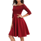 Women Elegant Wedding Bridesmaid Dinner Dress Sexy Lace Off Shoulder Party Dresses Solid Color Half Sleeve Evening Gown Vestido Beauty hair & fashionfj