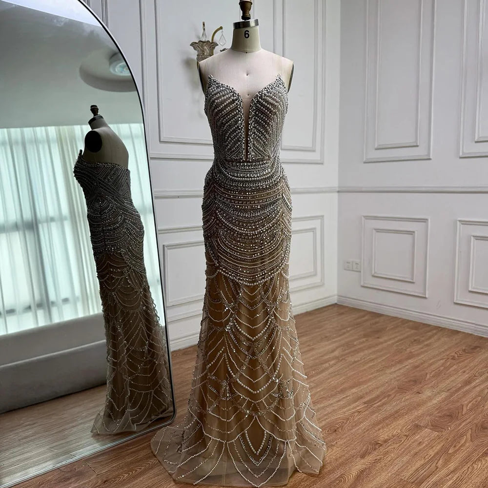Serene Hill 2025 Customized Nude Silver Beaded Evening Dresses With Sparkling Crystal Embellishments For Formal Occasion LA72900 Beauty hair & fashionfj