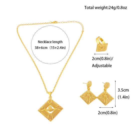 24K Gold Color Copper Jewelry Set For Women Daily Wea Two Piece Jewelry Round Geometry Necklace Earrings Set Gifts