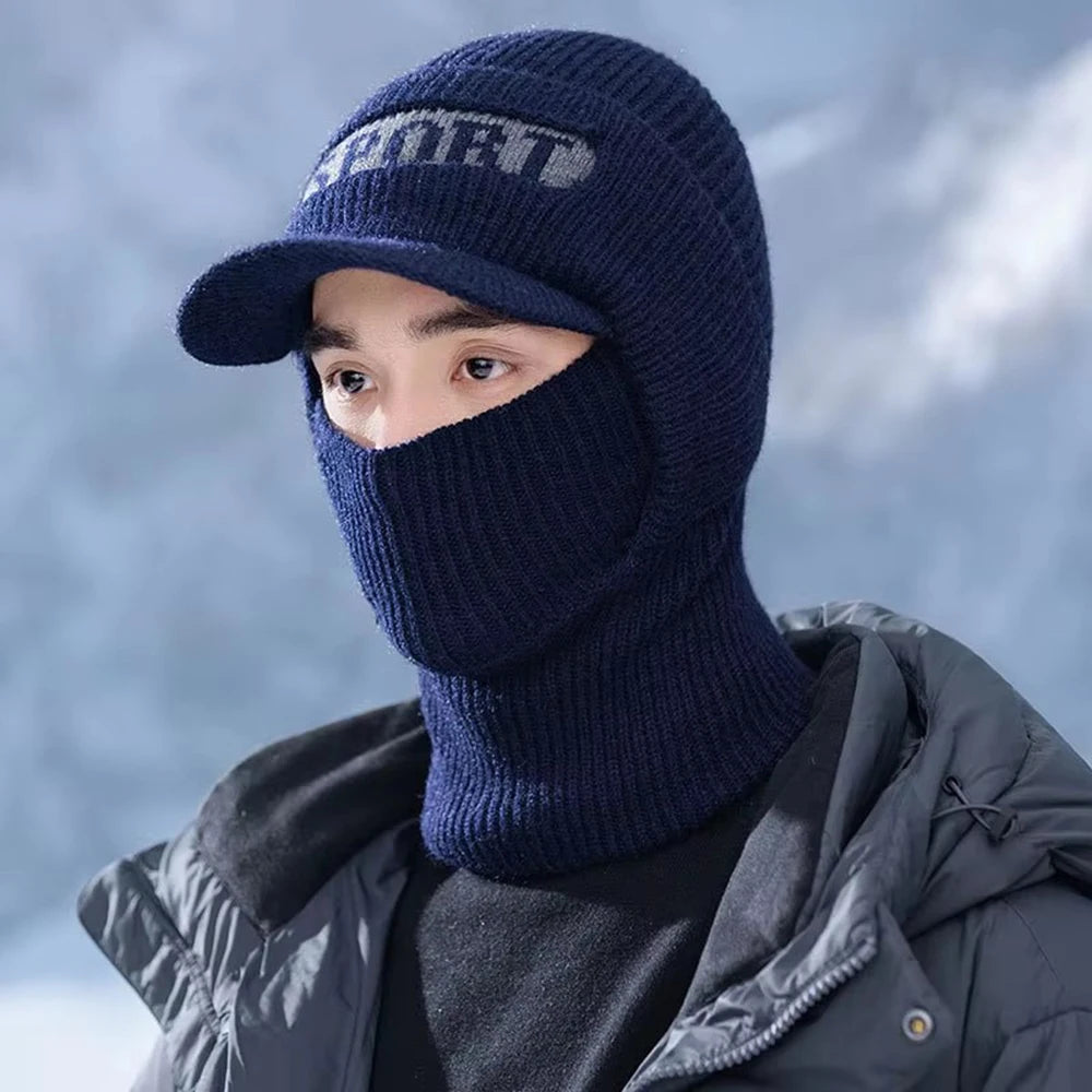 Winter Knitted Hat For Men Women With Ear Protection Integrated Mask Scarf  Couples Windproof Warm Headgear Travel Hat Black