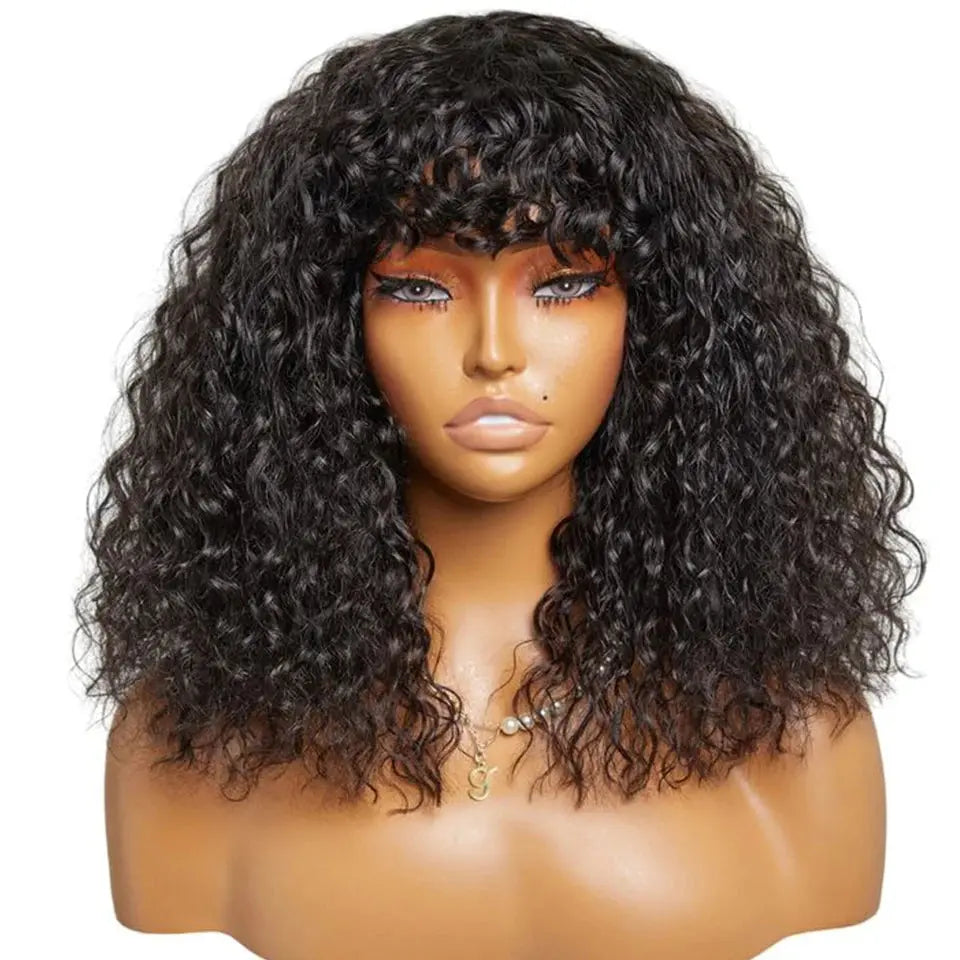 Fringe Bang Wig With Deep Wave Human Hair Water Wave Natural  Deep Curly Brazilian Hair Wigs 180% Density For Women Beauty hair & fashionfj