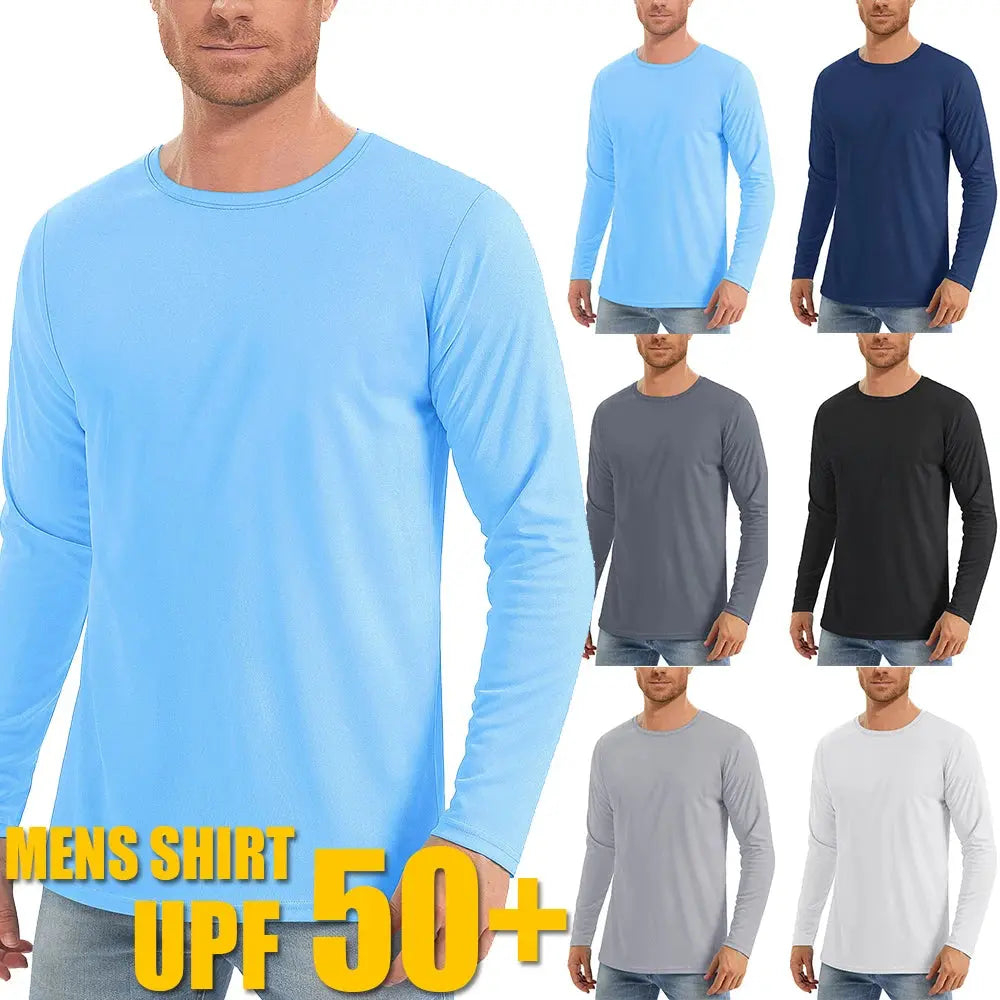 UPF50+ Men's Sunscreen UV Protection T-shirt Solid Color Long-sleeved Round Neck Outdoor Hiking Fishing Quick-drying Tops Beauty hair & fashionfj