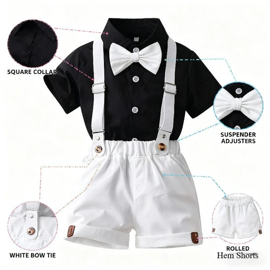Boys' Formal Outfit Set with Short Sleeve Shirt Bow Tie Suspenders and Shorts Elegant Suit for Wedding and Halloween Party