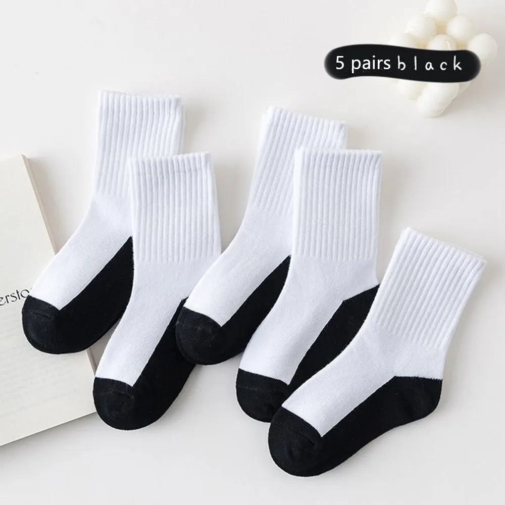 5 pairs of campus student white socks, boys' mid tube socks, mesh socks, breathable, spring and summer sports and leisure socks