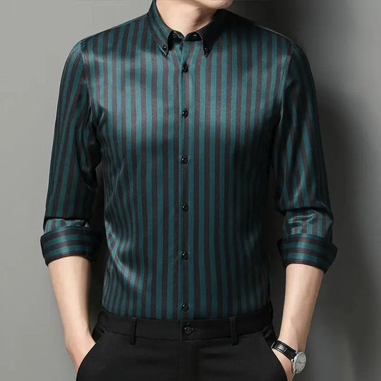 Men's Striped Button-Down Collar Design Iron-Free Dress Shirts, Long Sleeve Stretchy Casual Button Up Shirt for All-Seasons Beauty hair & fashionfj