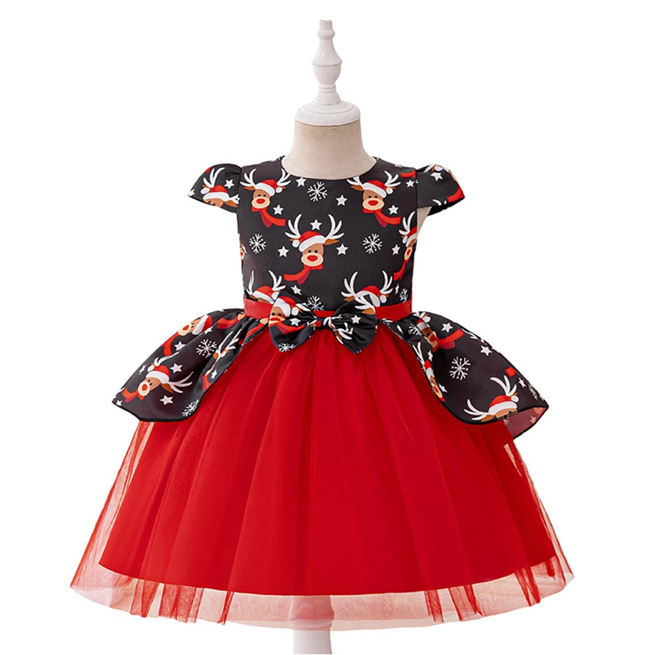 Christmas Dresses Girl Cartoon Print Princess Dress Children Red and Green Sequined Mesh Puff BalL Gown Carnival Clothes