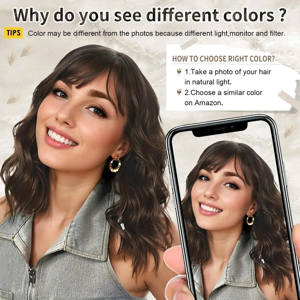 HAIR Natural Brown Synthetic Curly Wavy Bob Wig with Bangs for Women Beauty hair & fashionfj