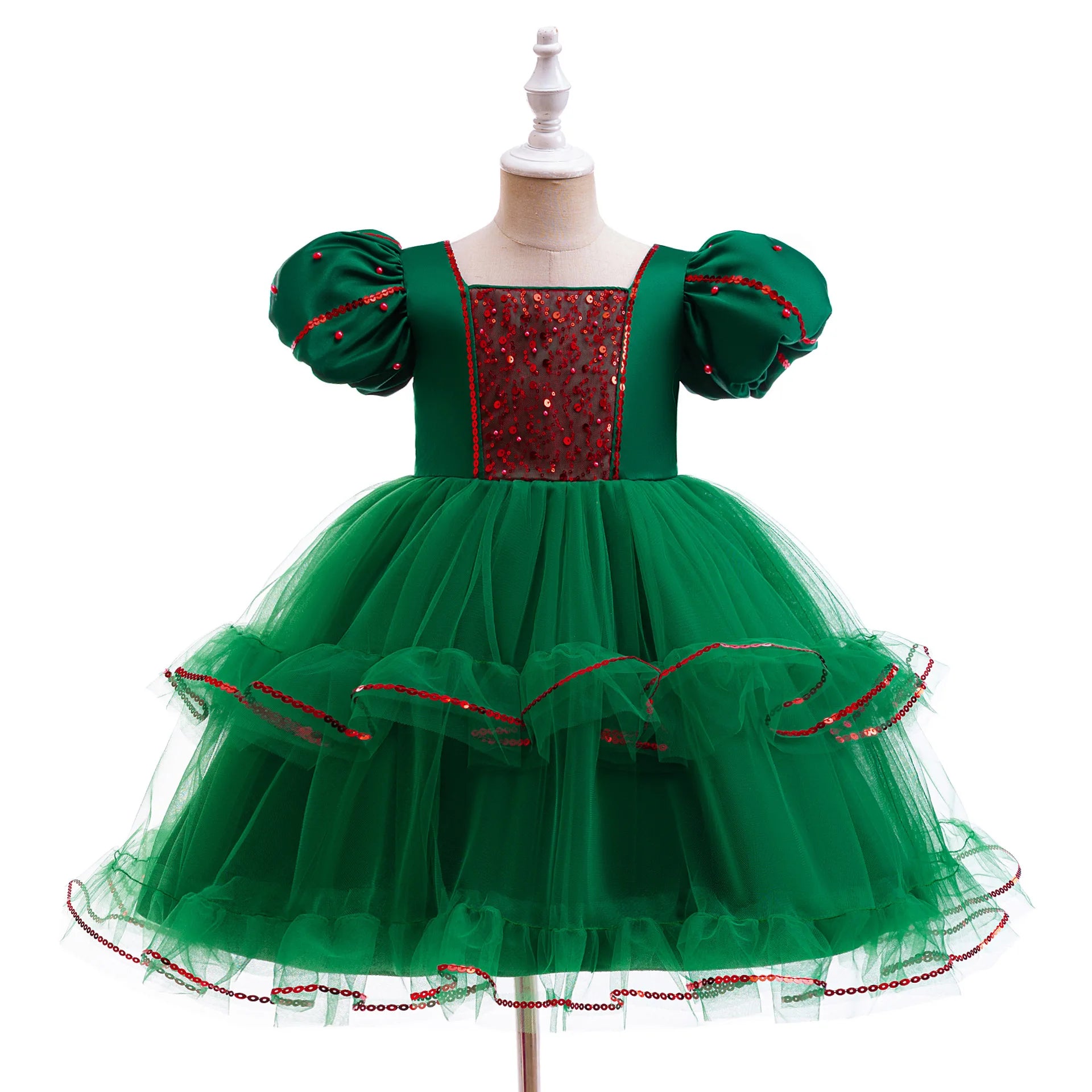 Christmas Dresses Girl Cartoon Print Princess Dress Children Red and Green Sequined Mesh Puff BalL Gown Carnival Clothes