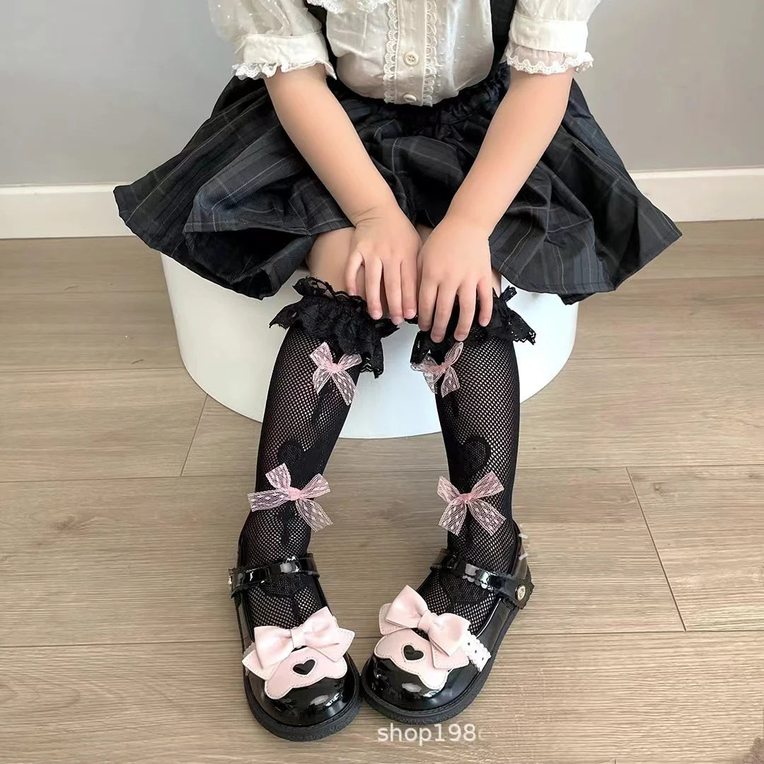 Girls Long Tube Lace Stockings Sweet Bow Jacquard Pattern Mesh Sock Baby Girl Ballet Fishing Net Frilly Socks Lolita Leggings