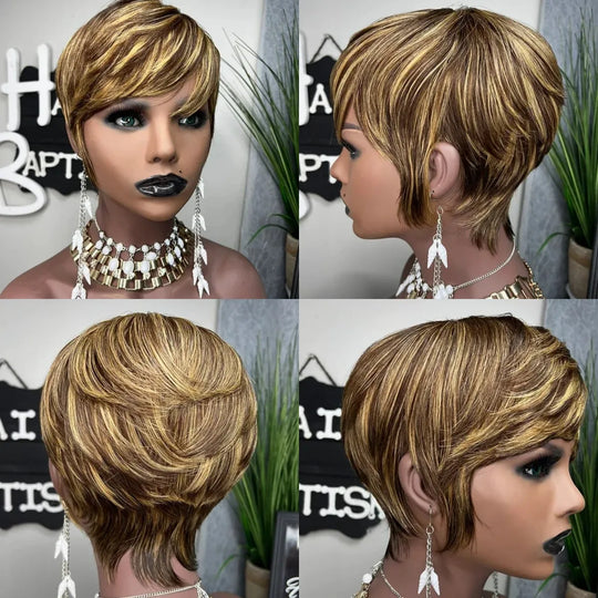 WIGERA Highlight Synthetic Short Straight Pixie Cut Hair Bob Wig Ombre Honey Blonde Mix Black Bronw Layered Hair Wigs For Woman