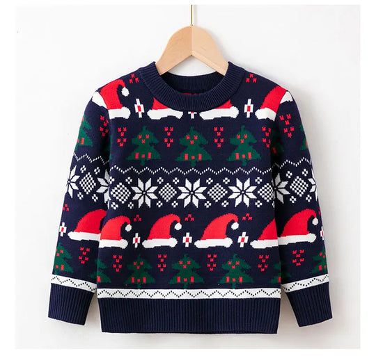 Kid Boys and Girls Casual Long Sleeves Top with Cartoon Prints in Christmas Blue Series Unisex Sweater for Children Comfortable