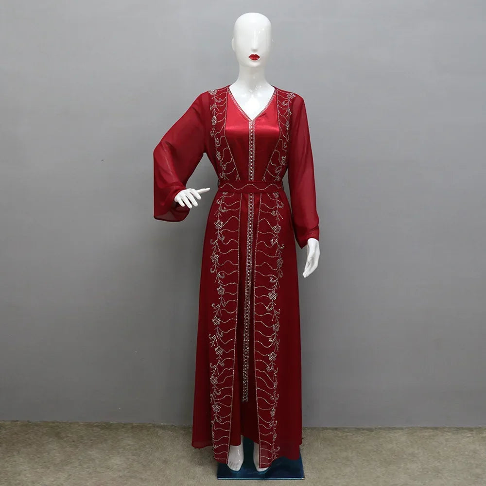 Muslim Set Dress Women Four-season Commute Muslim Set Fashion Party Dubai Turkey Long Sleeve Chiffon Cardigan Dress and Vest 2ps Beauty hair & fashionfj