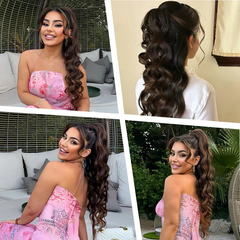 24 Inch Ponytail Extension Synthetic Long Curly Wavy Drawstring Pony Tail Hair Extension For Black Women Daily Party Use African