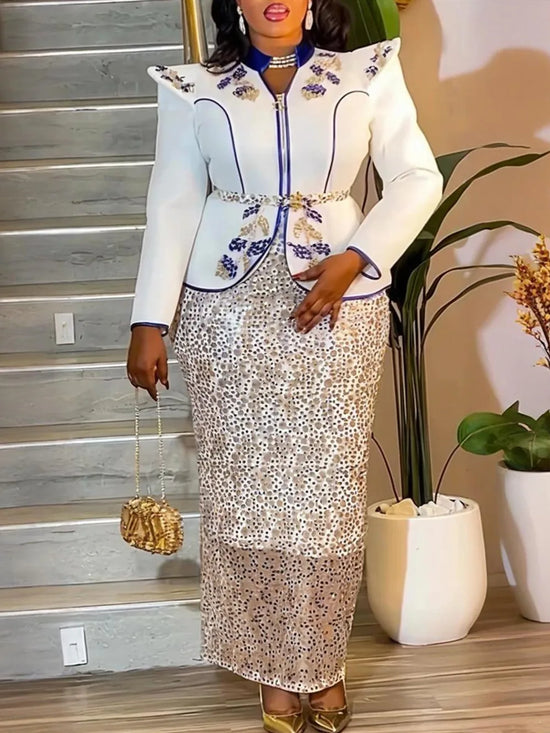 Plus Size African Clothes for Women Dashiki Ankara Sequin Wedding Evening Party Dresses 2 PCS Sets Tops And Skirts Suits