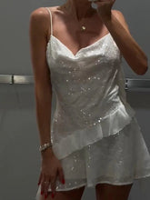 Glitter Flounce Mini Dress Woman Cinched Waist Sleeveless A-Line Halter Dresses Sexy Chic Women&