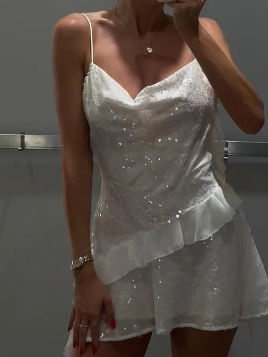 Glitter Flounce Mini Dress Woman Cinched Waist Sleeveless A-Line Halter Dresses Sexy Chic Women's Fashion Summer Short Dresses Beauty hair & fashionfj