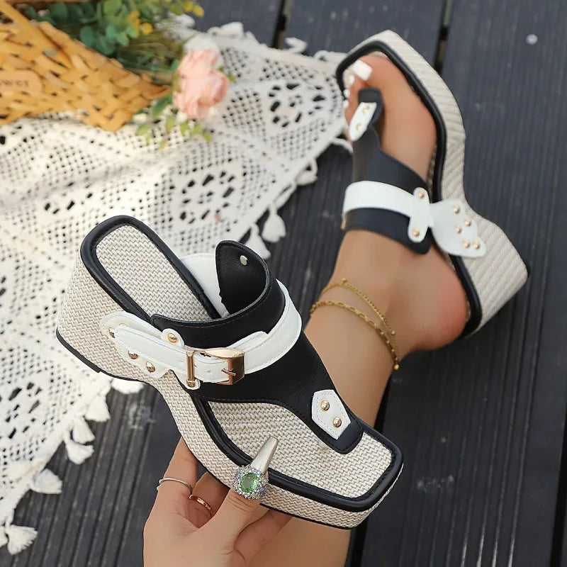 Plus Size Sandals Women Summer New Block Heel Buckle Metal Buckle Slippers One Strap Beach Sandals and Slippers