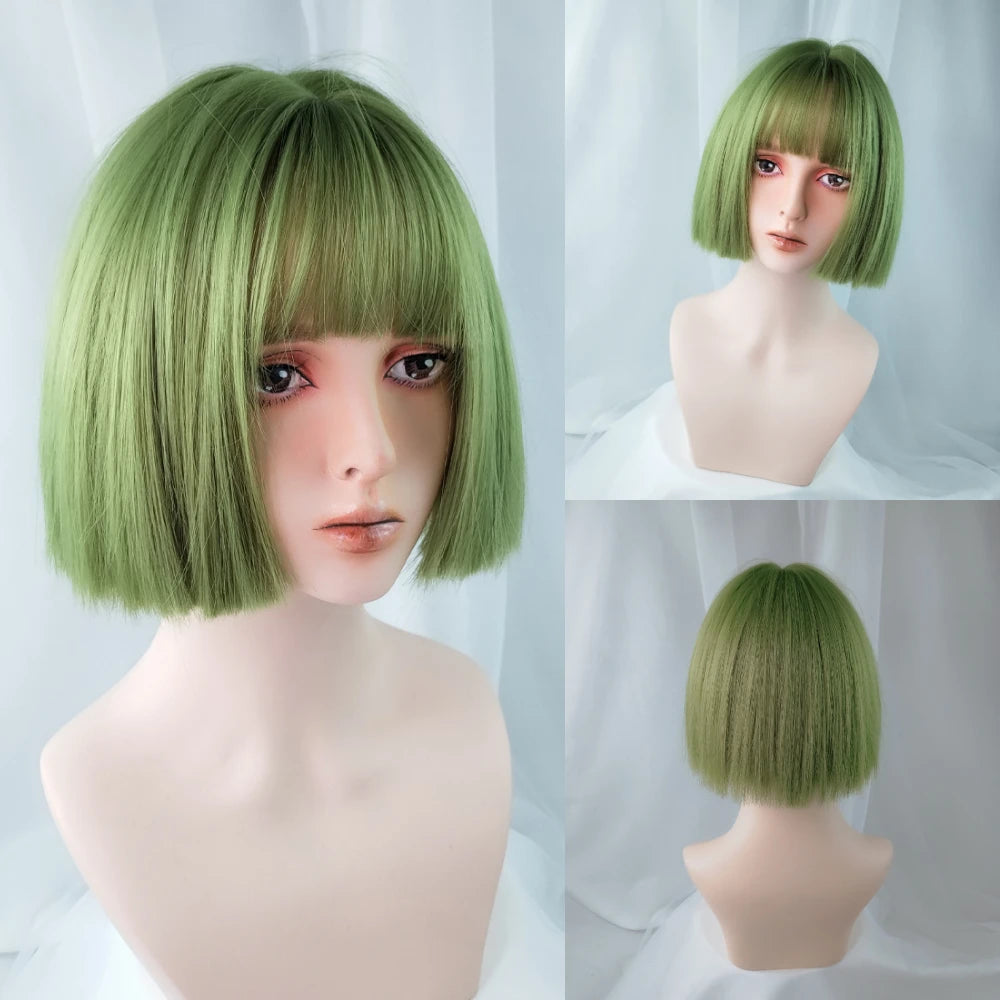 Short Bob Straight Synthetic Blonde Wig With Bangs Girl Female Crochet Hair Silver White Pink Orange Wig
