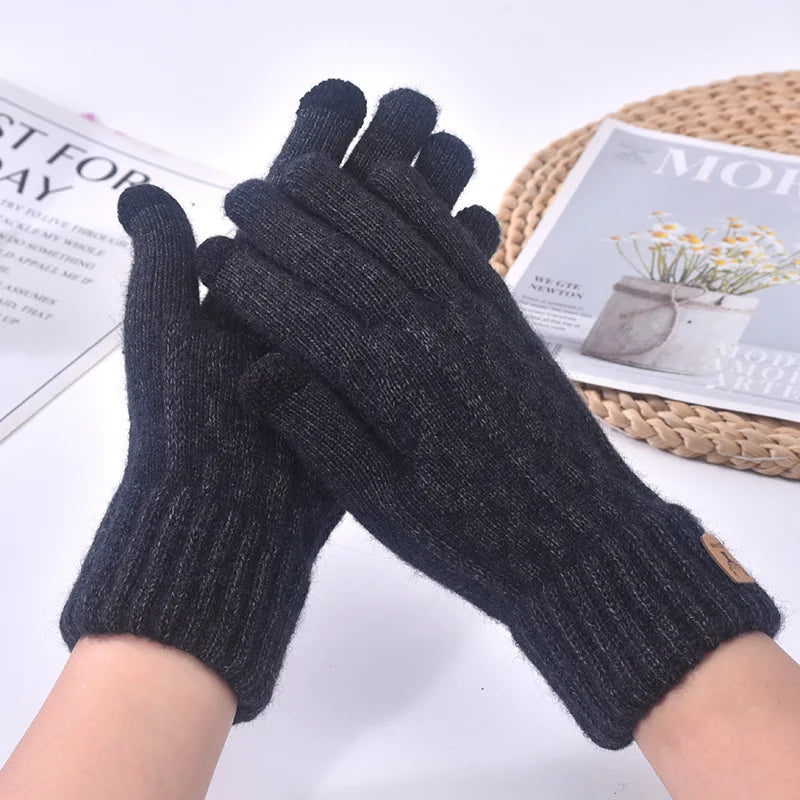 Winter Knitted Wool Warm Gloves for Men's and Women's Touch Screen Thickened Full Finger Gloves Outdoor Cycling Skiing Gloves